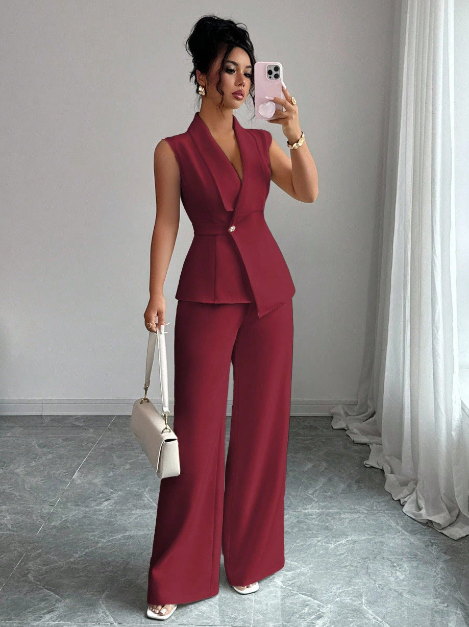 Women's Peplum Sleeveless Blazer & Wide-Leg Pants Two-Piece Set