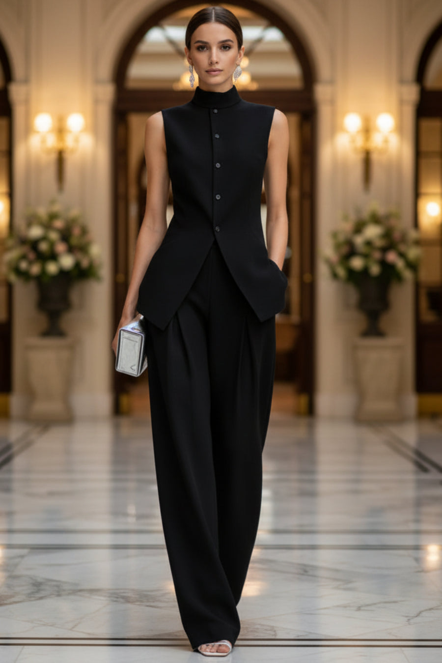 Women's Stand Collar Longline Vest Top & Wide-Leg Trousers Two-Piece Set