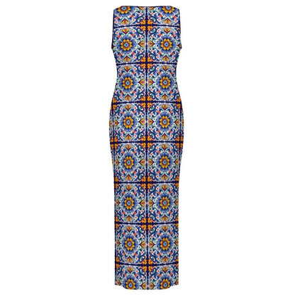 Baha Ranch Colores de Mexico Talavera Sleeveless Bodycon Side Slit Long Dress