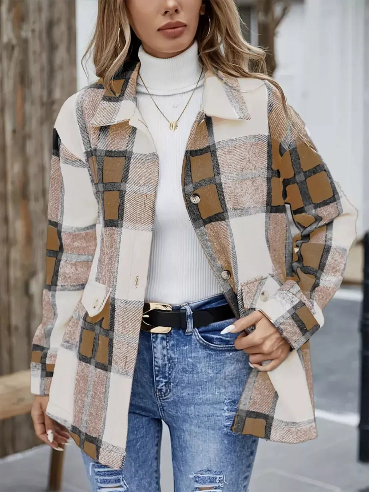 Plaid Button-Up Long Sleeve Shacket