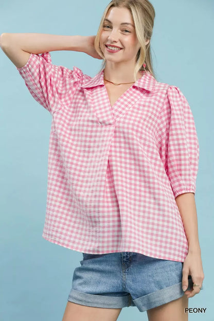 Umgee Gingham Puff Sleeve Collared Blouse in Pink