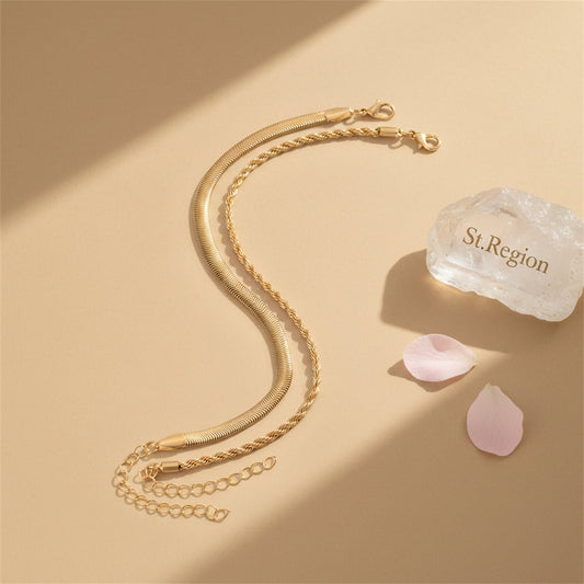 Goldtone Twine & Thick Herringbone Chain Anklet Set