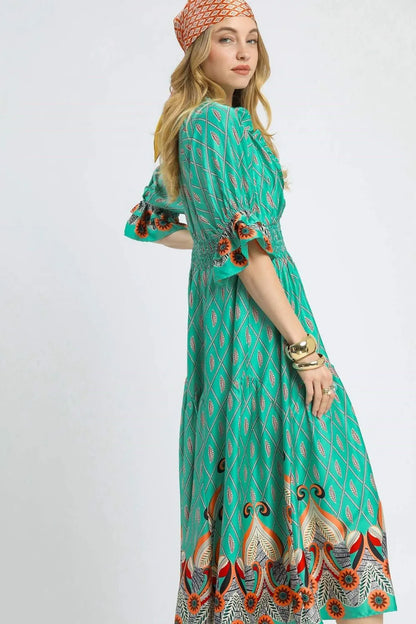 Umgee Printed Smocked Waist Flounce Sleeve Midi Dress