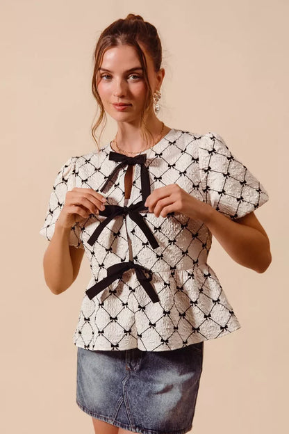 SO ME Bow Texture Woven Peplum Top With Contrast Tie