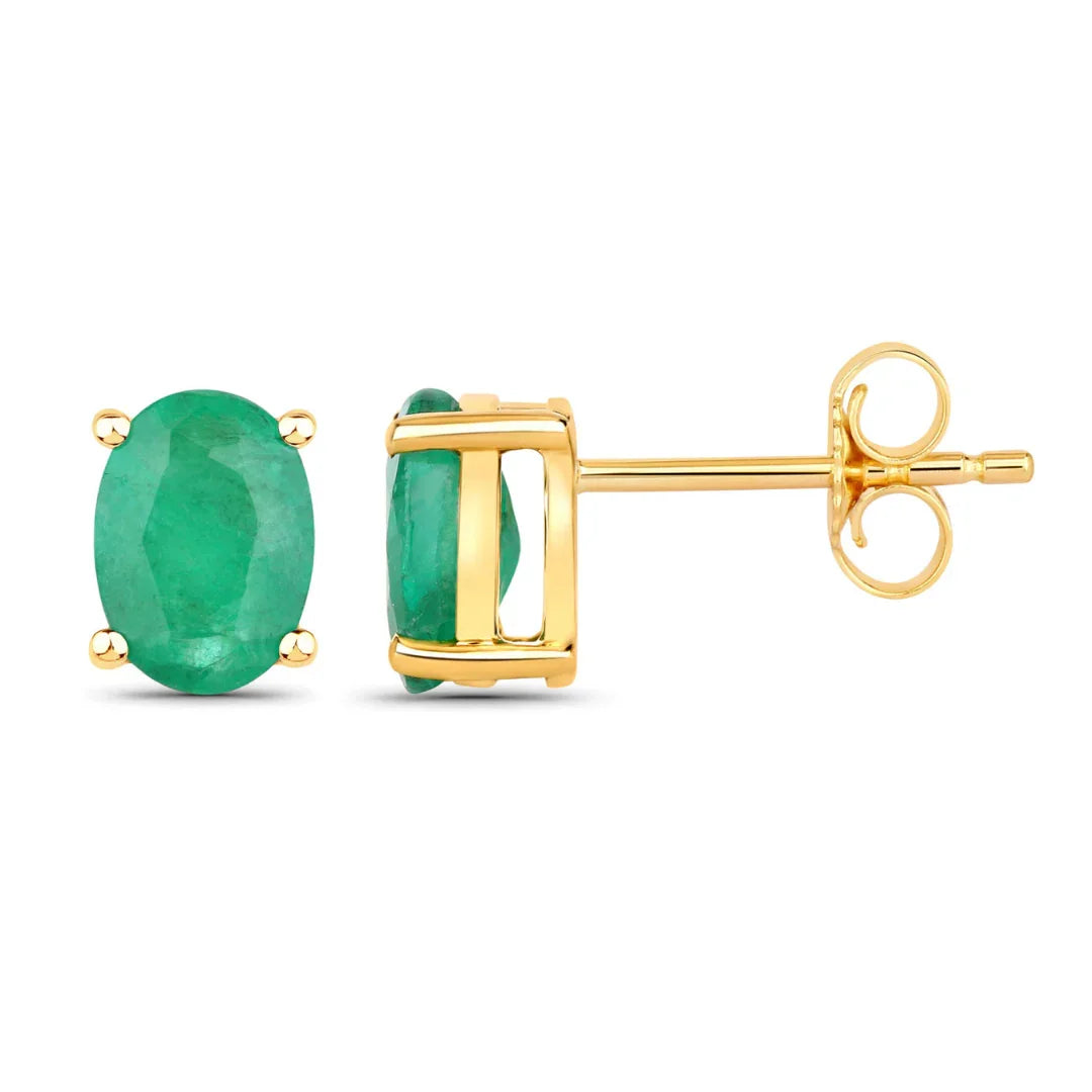 1.44 Ct Oval Green Zambian Emerald Prong 10K Gold Stud Earrings