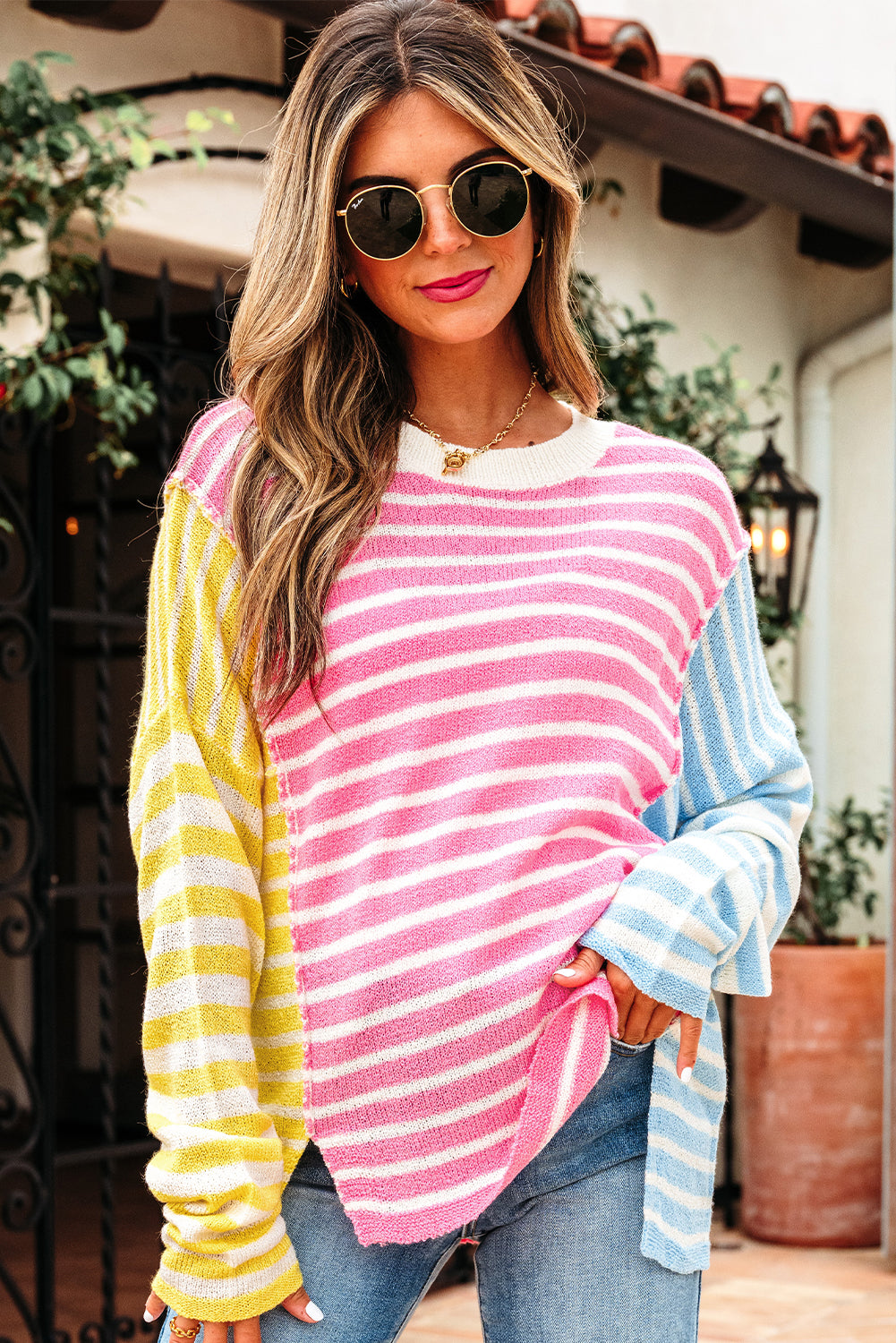 Threaded Pear Esther Striped Patchwork Dolman Sleeve Slit Sweater
