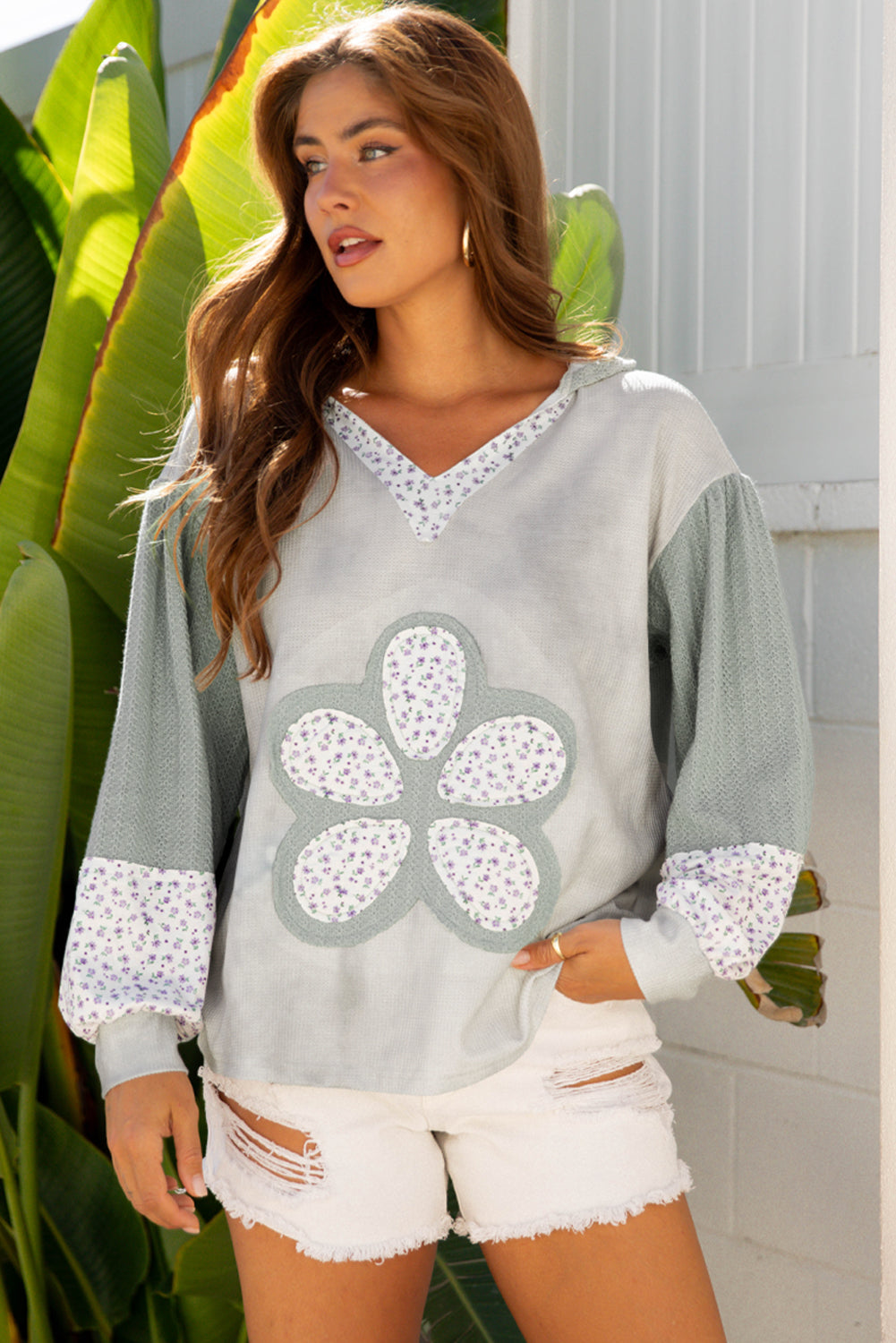 Threaded Pear Jream Colorblock Casual Hooded Top