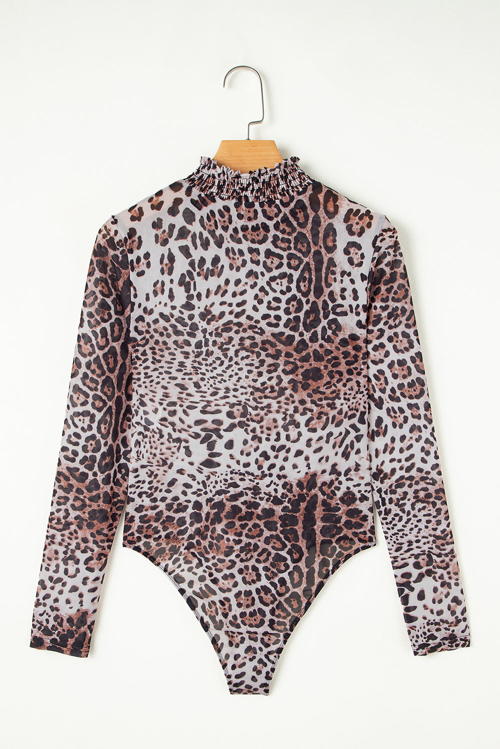 Threaded Pear Leopard Smocked Neck Mesh Long Sleeve Bodysuit