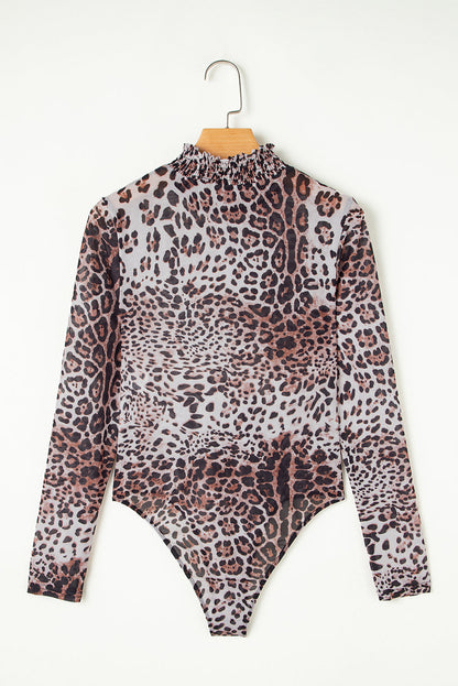 Threaded Pear Leopard Smocked Neck Mesh Long Sleeve Bodysuit