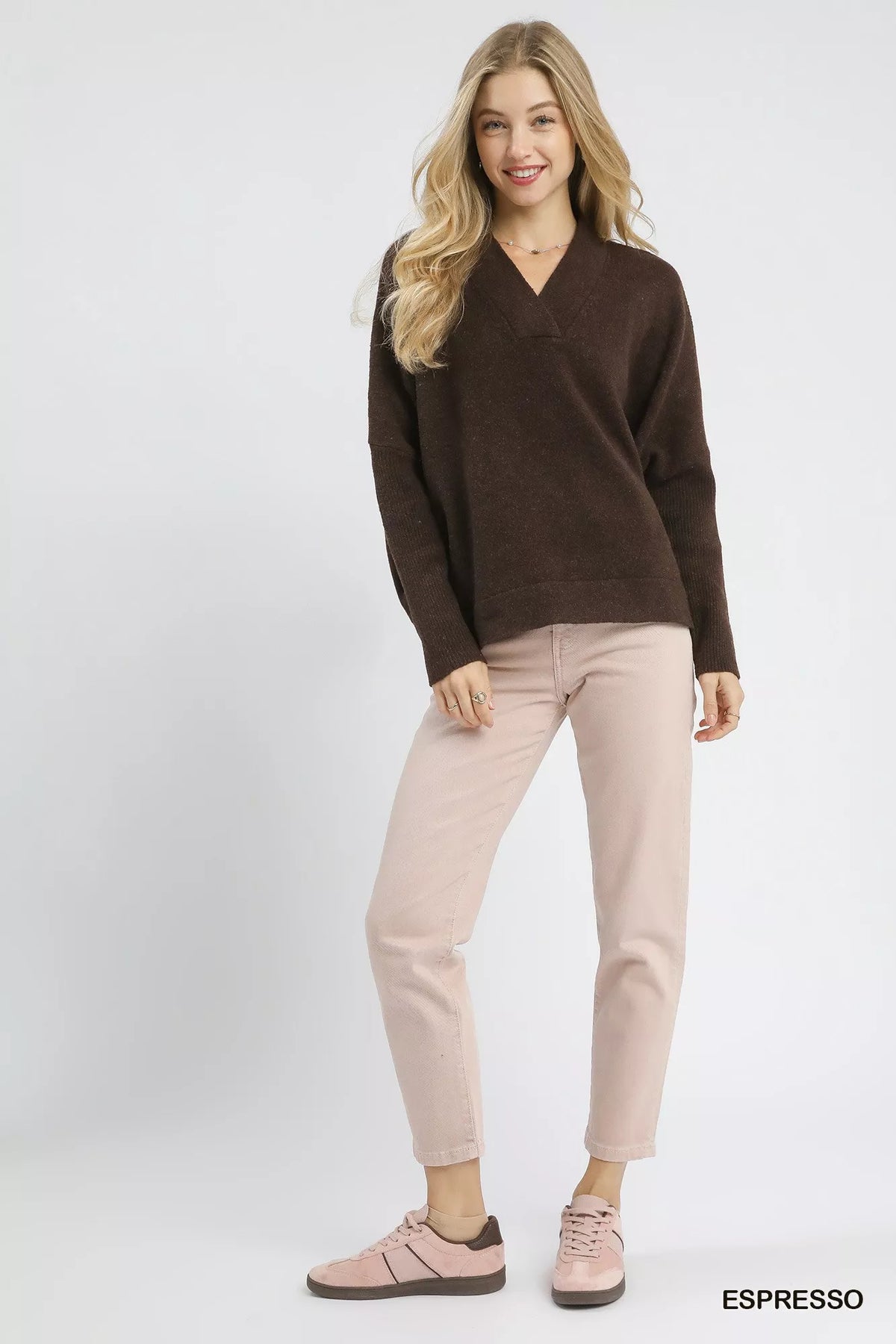 Umgee V-Neck Sweater with Wide Trim Detail