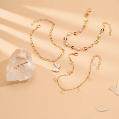 Pearl & Multi-Colored Crystal Goldtone Butterfly Stations Anklet Set