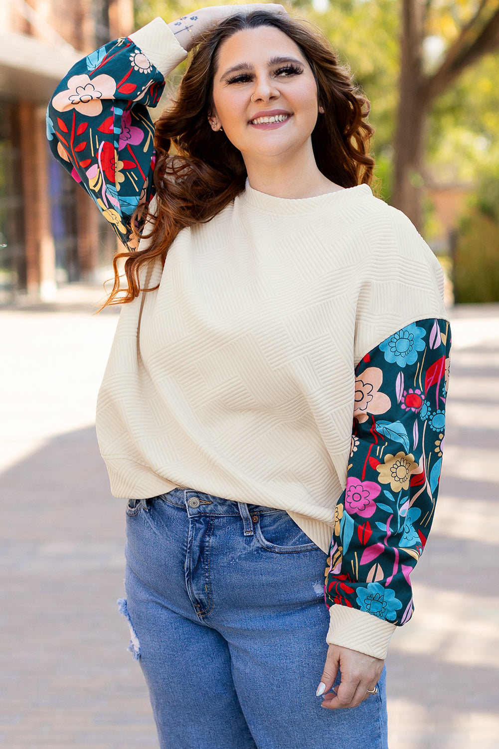 Threaded Pear White Floral Patchwork Sleeve Textured Plus Size Pullover Top
