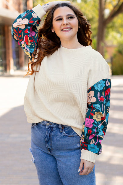 Threaded Pear White Floral Patchwork Sleeve Textured Plus Size Pullover Top