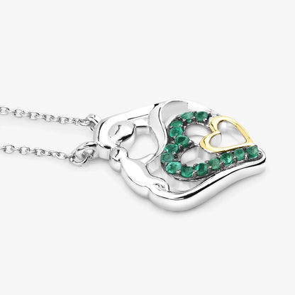 Genuine Emerald Prong Silver Double Heart Pendant Necklace