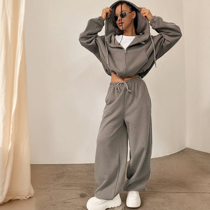 Women's Oversized Cropped Zip-Through Hoodie & Wide-Leg Sweatpants Set