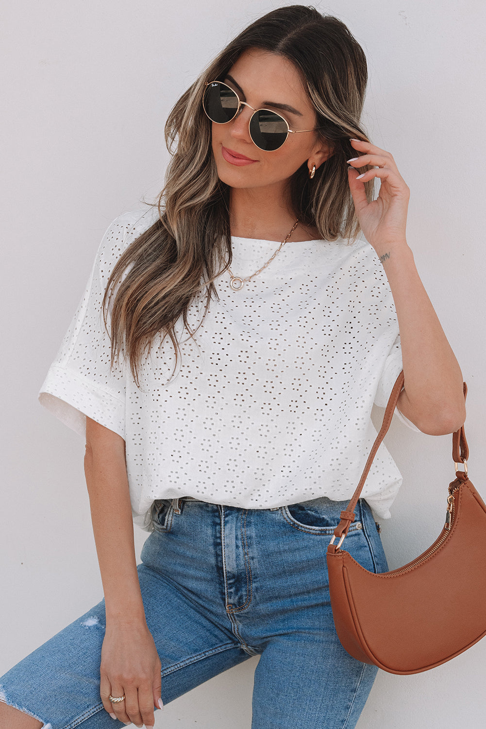 Threaded Pear Faye Eyelet Pattern Casual Top