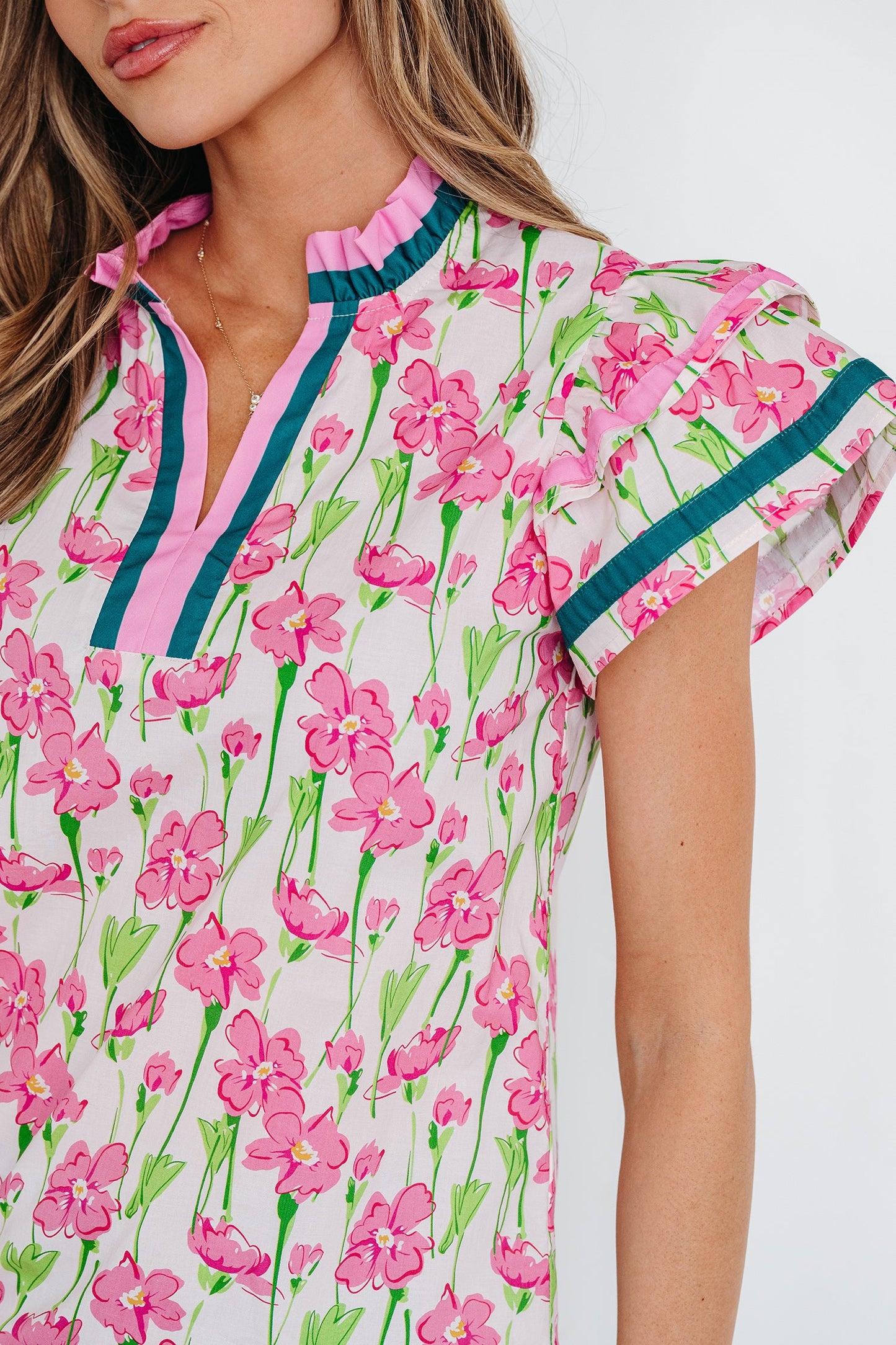 Threaded Pear Elyse Ruffled Short Sleeve Blouse