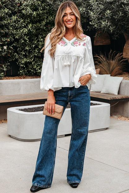 Threaded Pear Skylar Flower Lace-up Babydoll Blouse