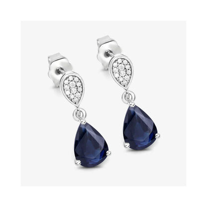 2.68 Ct Blue Sapphire & Diamond Prong 10K Gold Teardrop Dangle Earrings
