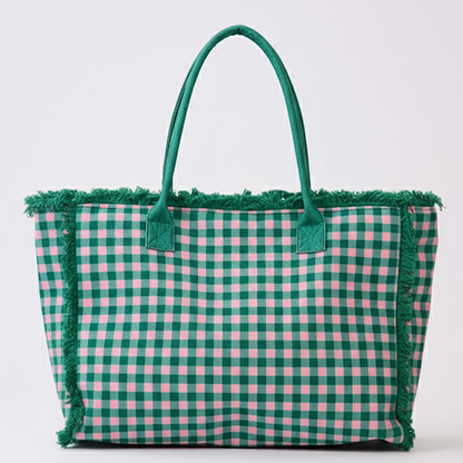 Pink and blue Gingham Check Terry Cloth Frayed Tote