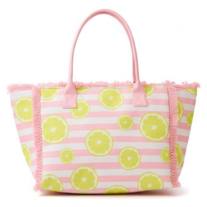 Lemon Stripe Fringe Tote Pink