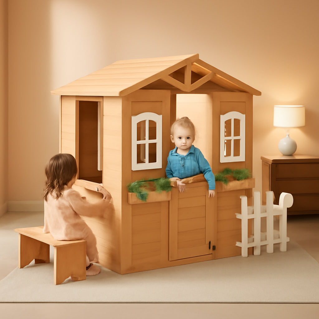 Outdoor Playhouse for Kids Wooden Cottage with Working Doors Windows & Mailbox, Pretend Play House for Age 3-6 Years
