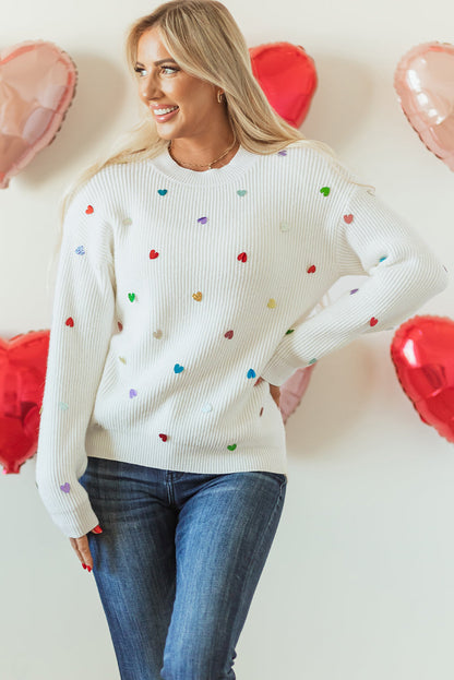 Threaded Pear Sequin Heart Waffle Knit Sweater