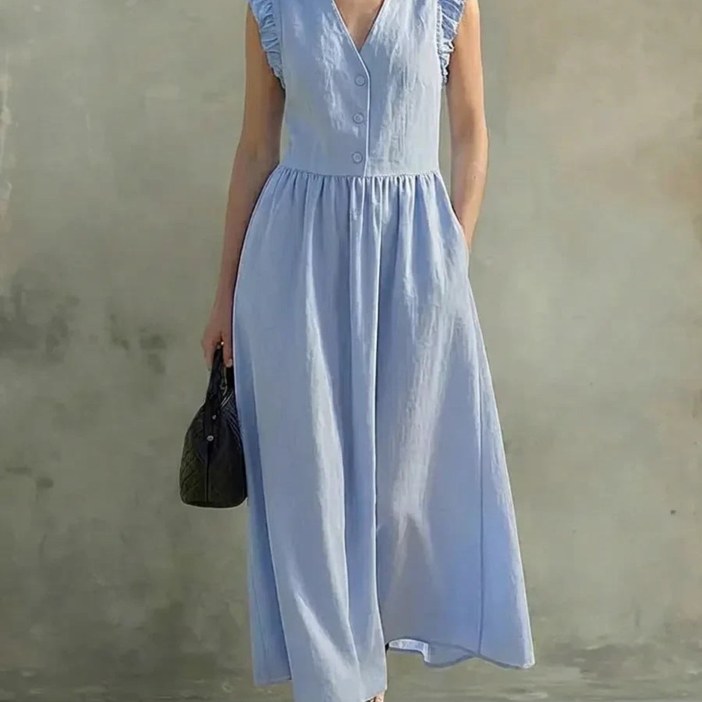 V-Neck Puff-Sleeve Dress with Pockets – Cotton Linen, 7 Colors