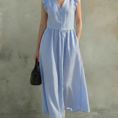 V-Neck Puff-Sleeve Dress with Pockets – Cotton Linen, 7 Colors