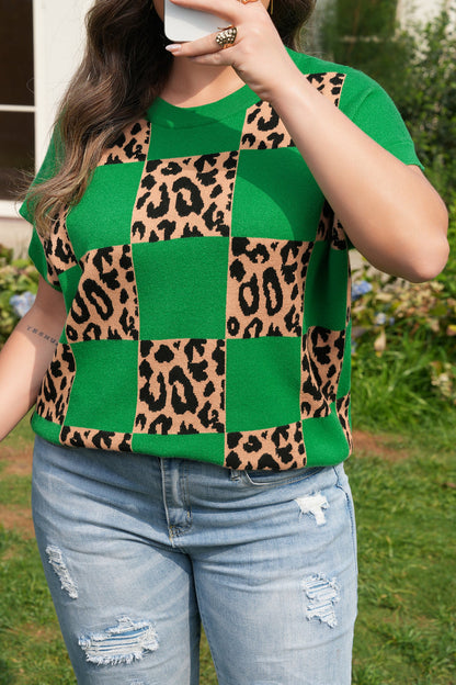Threaded Pear Cattleya Checkered Short Sleeve Plus Sweater