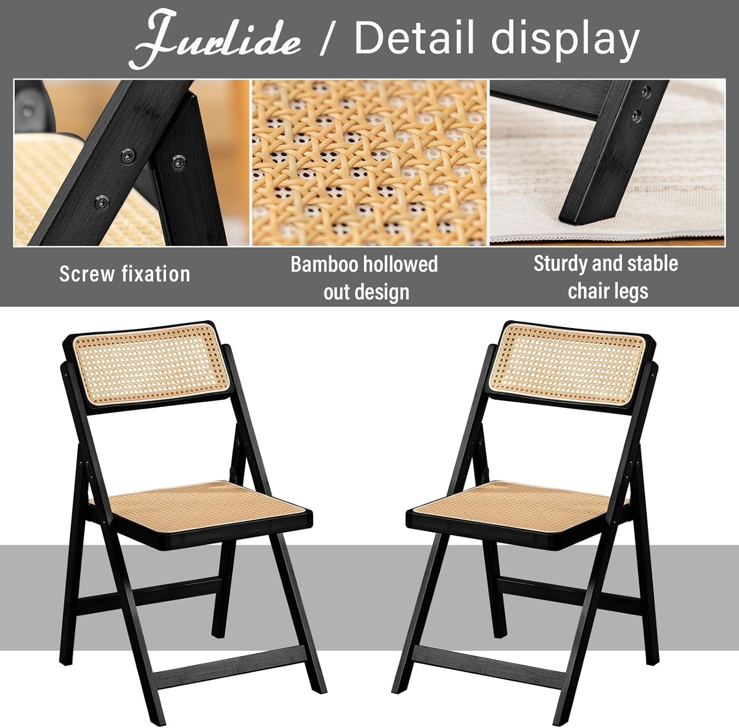 Rattan Folding Chairs, Modern Mid Century Dining Chairs Set of 2, Outdoor Bamboo Chairs for Bedroom Living Room Reading Room Dining Kitchen, Black