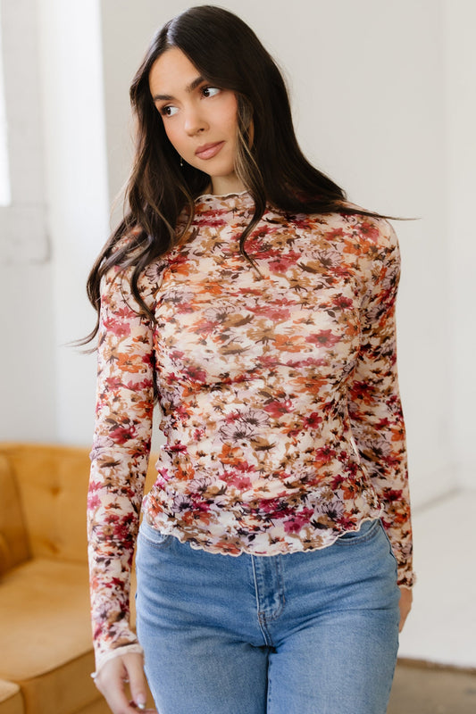 Threaded Pear Virginia Floral Print Mesh Long Sleeve Top