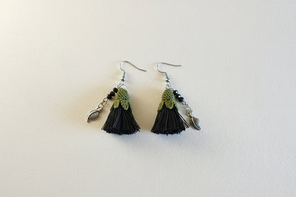 Handmade Black Tassel Crochet Dangle Earrings for Women