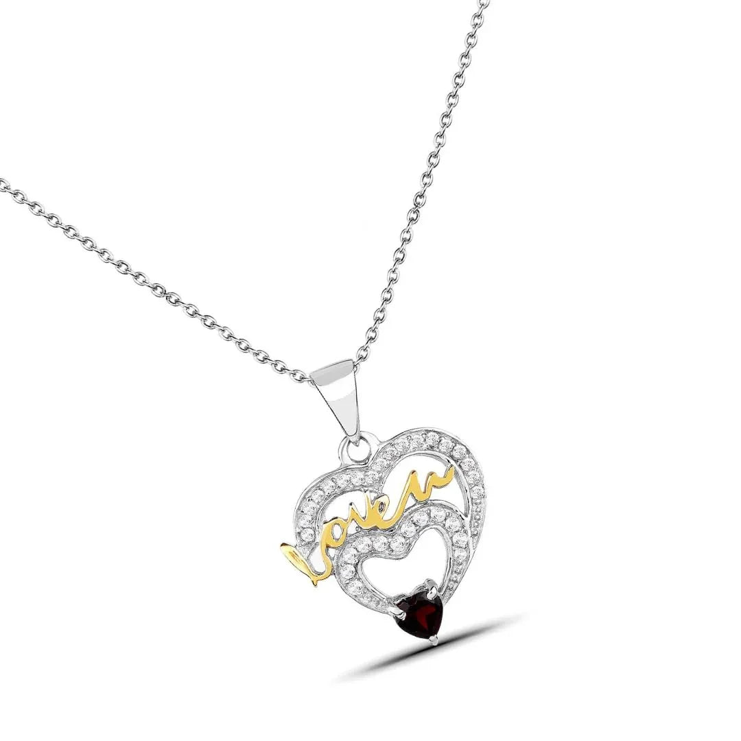 Heart Red Garnet Prong Silver Love Mom Charm Necklace