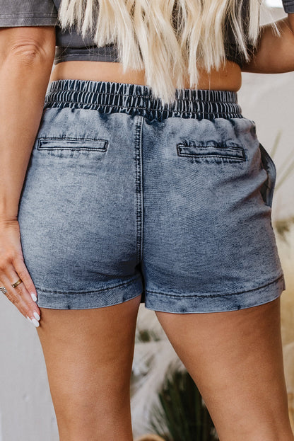 Threaded Pear Cielo Drawstring Pocketed Denim Shorts
