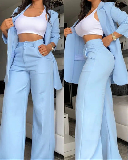 Women's Longline Open-Front Blazer & High-Waist Wide-Leg Trousers Suit Set – 8 Colors