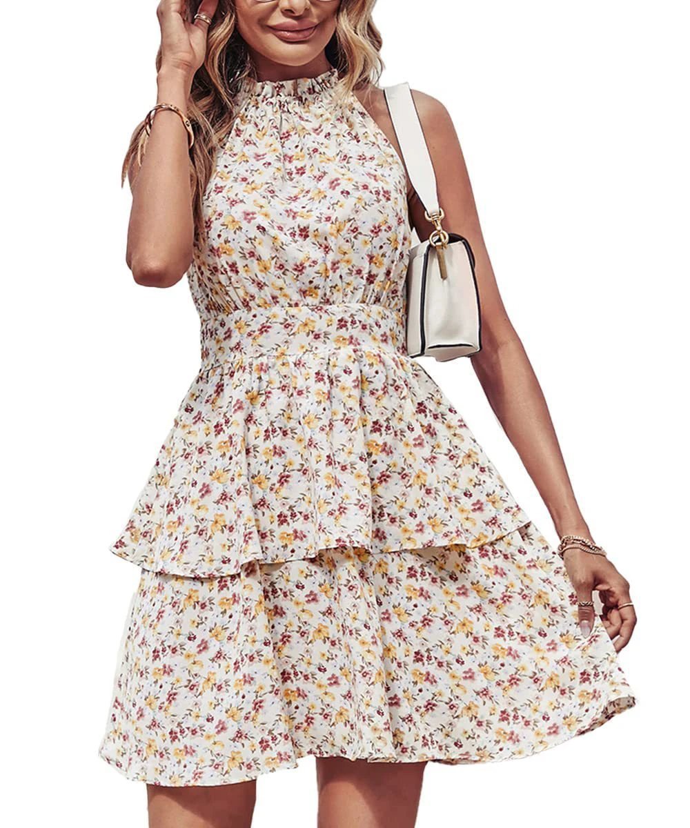 summer halter dresses Summer Printed Halter Dress Fashion Boho Backless Ruffled A-Line Beach Dresses For Womens Clothing Apricot Red / XXL
