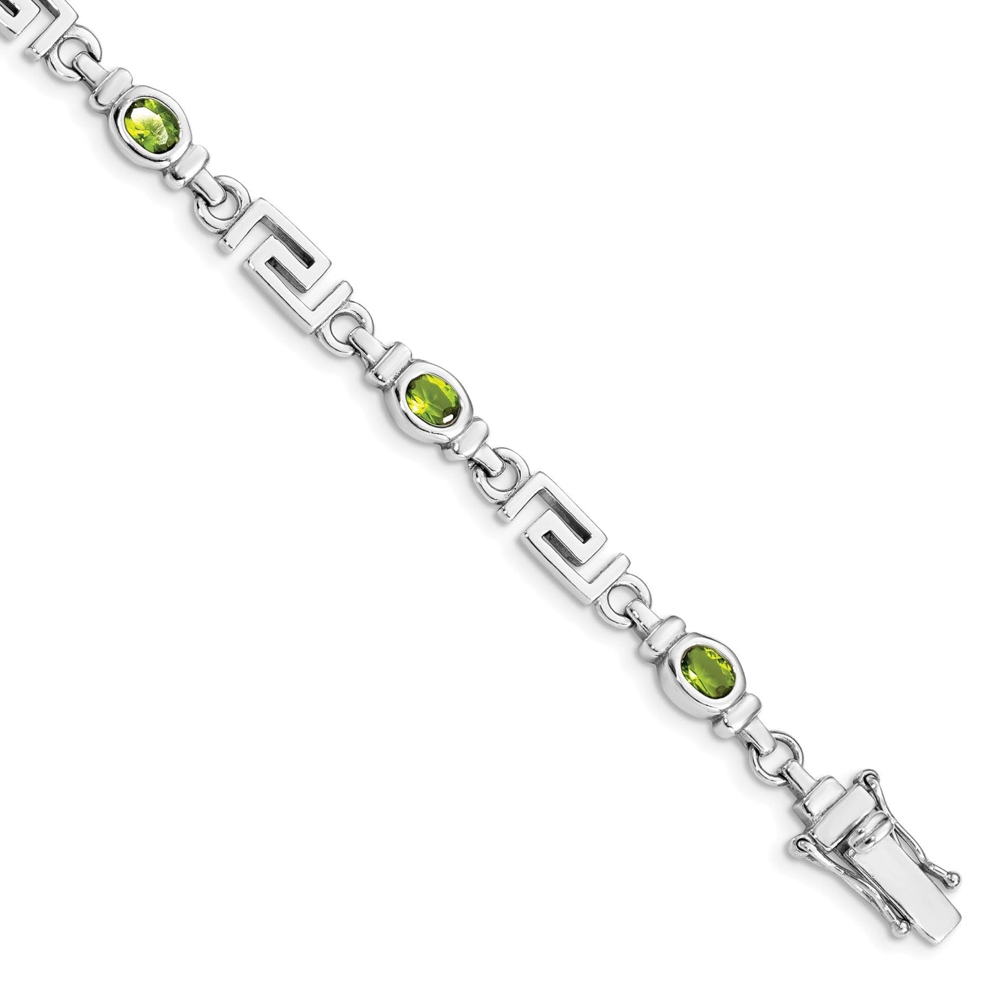 Oval Olive Green Peridot Bezel Sterling Silver Greek Key Link Bracelet