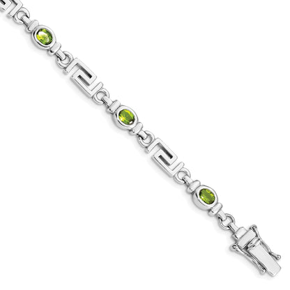 Oval Olive Green Peridot Bezel Sterling Silver Greek Key Link Bracelet