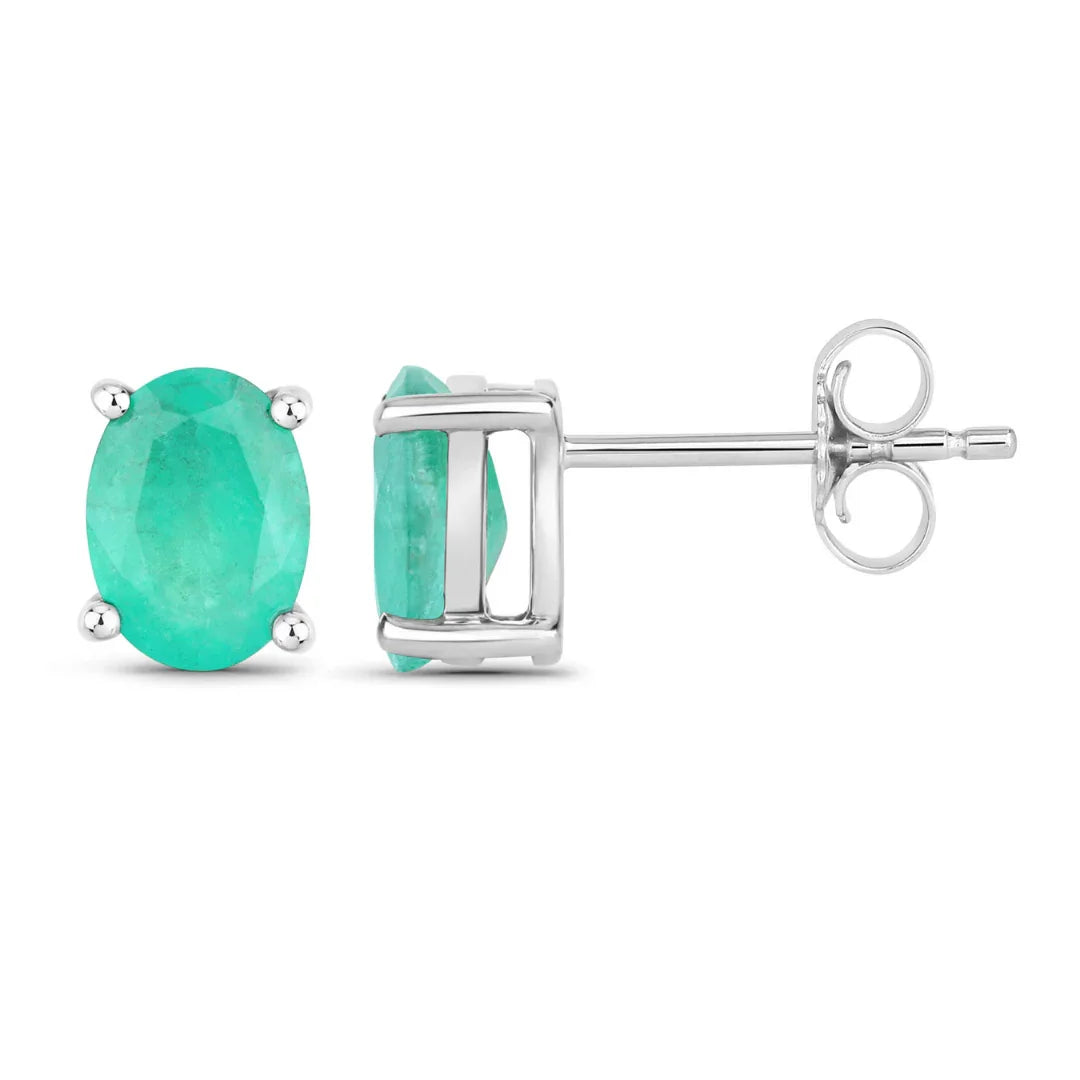 1.44 Ct Oval Green Zambian Emerald Prong 10K Gold Stud Earrings