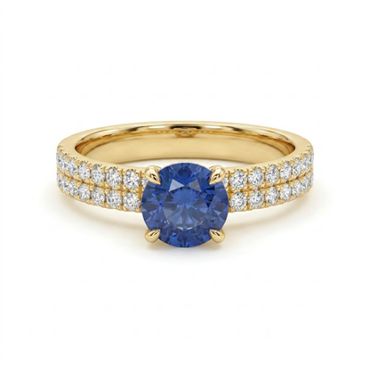1.36 Cttw Round Gemstone Pave Diamond Double Row Band 14k Yellow Gold Engagement Ring