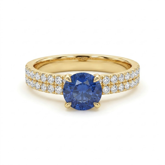 1.36 Cttw Round Gemstone Pave Diamond Double Row Band 14k Yellow Gold Engagement Ring