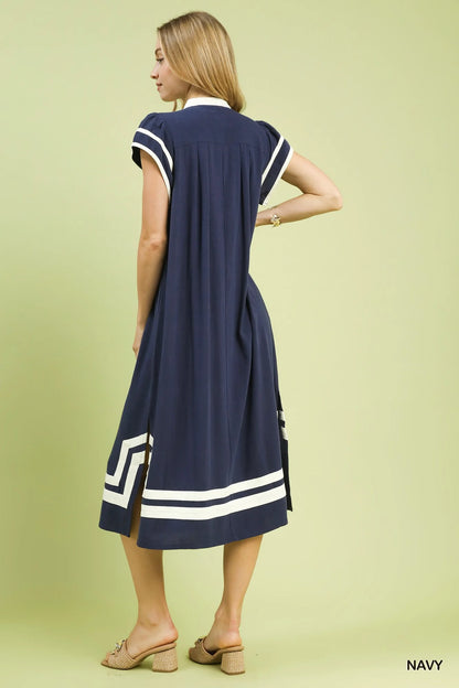 Umgee Linen Cotton Contrast Neckline Midi Dress in Navy
