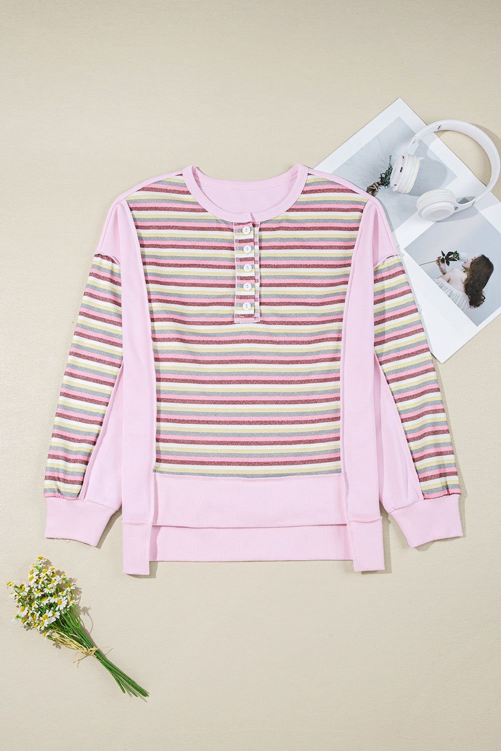 Threaded Pear Khloe Patchwork Loose Henley Sweatshirt