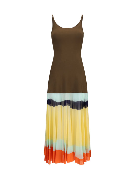 Long Dress With Striped Skirt Brown Multi