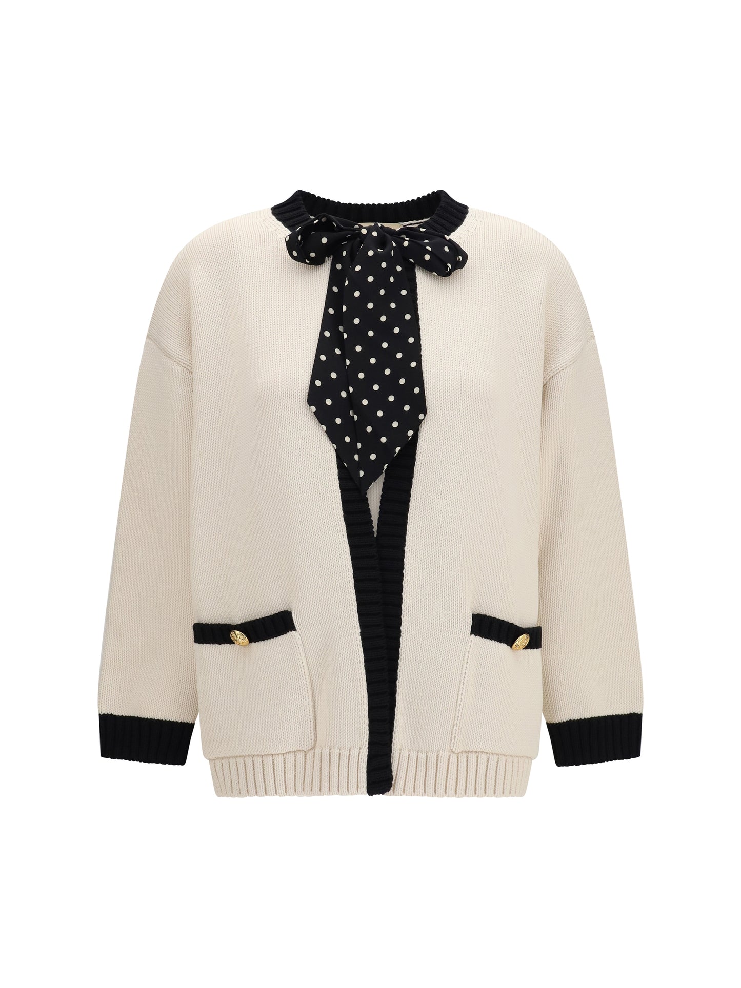 Open Cardigan With Polka-Dot Bow, Birch/Black