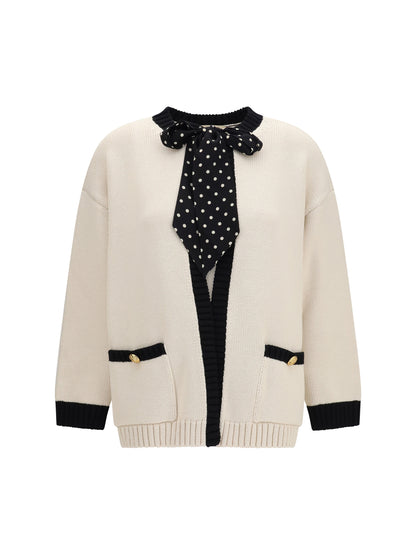 Open Cardigan With Polka-Dot Bow, Birch/Black