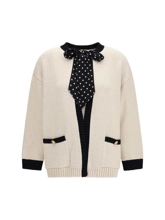Open Cardigan With Polka-Dot Bow, Birch/Black