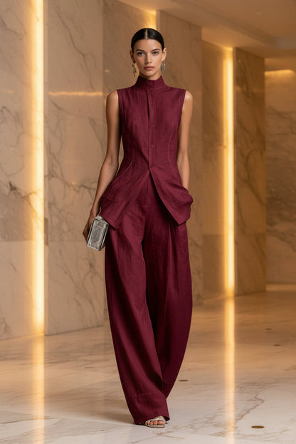 Women's Stand Collar Longline Vest Top & Wide-Leg Trousers Two-Piece Set