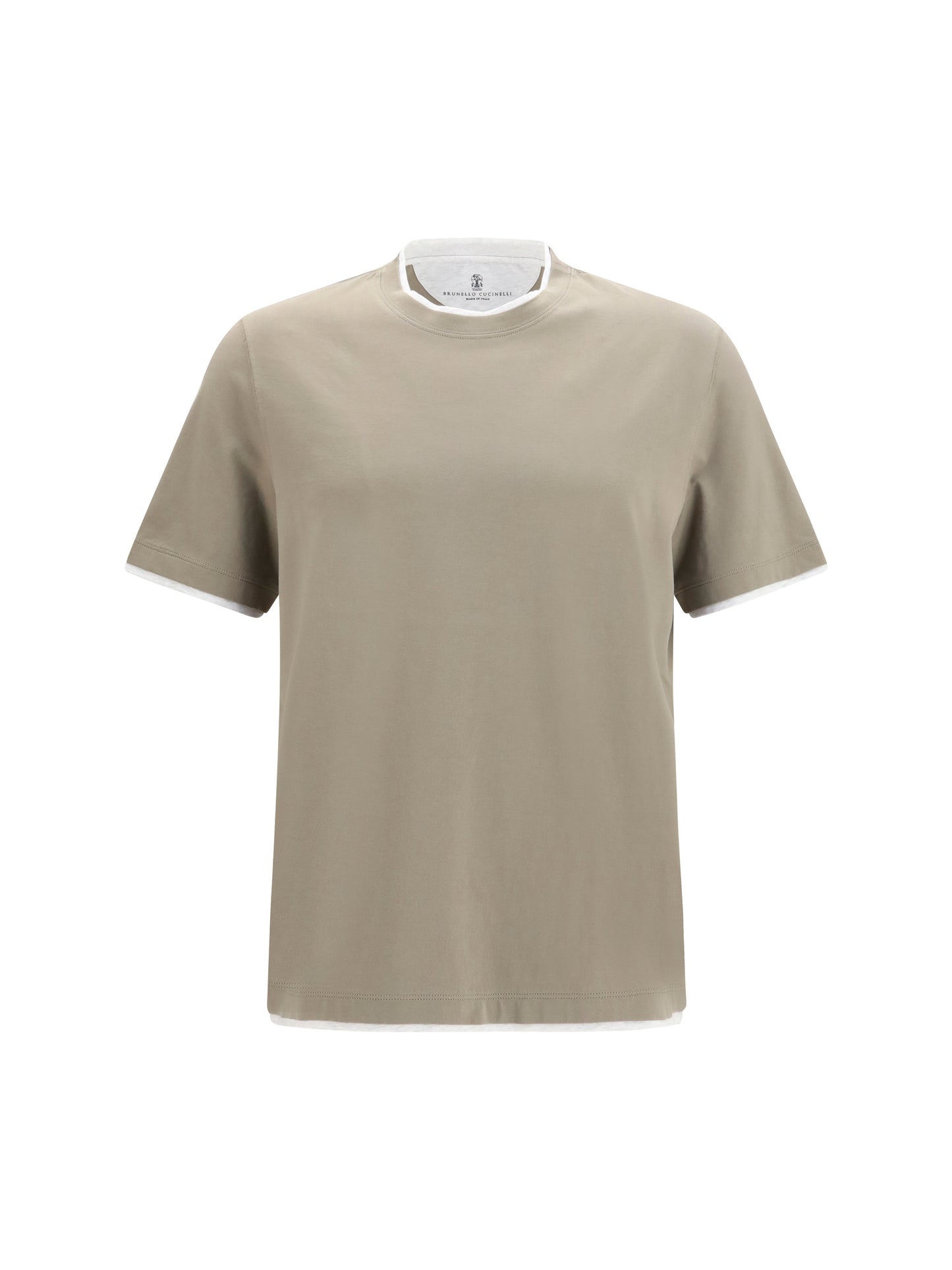 Cotton T-Shirt Two-Tone Hem Khaki/Pearl